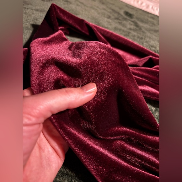 WINE VELVET CRISS CROSS BACK JUMPSUIT. Insanely comfortable while fashionable! - Picture 7 of 11